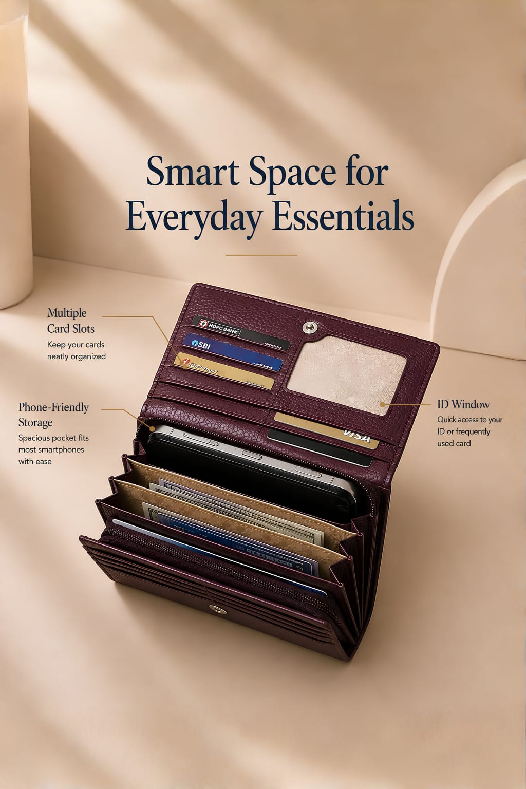 Stylish Leather Finish with Multiple Card Slots & Spacious Compartments