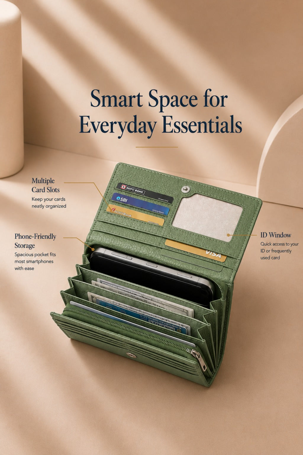 Stylish Leather Finish with Multiple Card Slots & Spacious Compartments